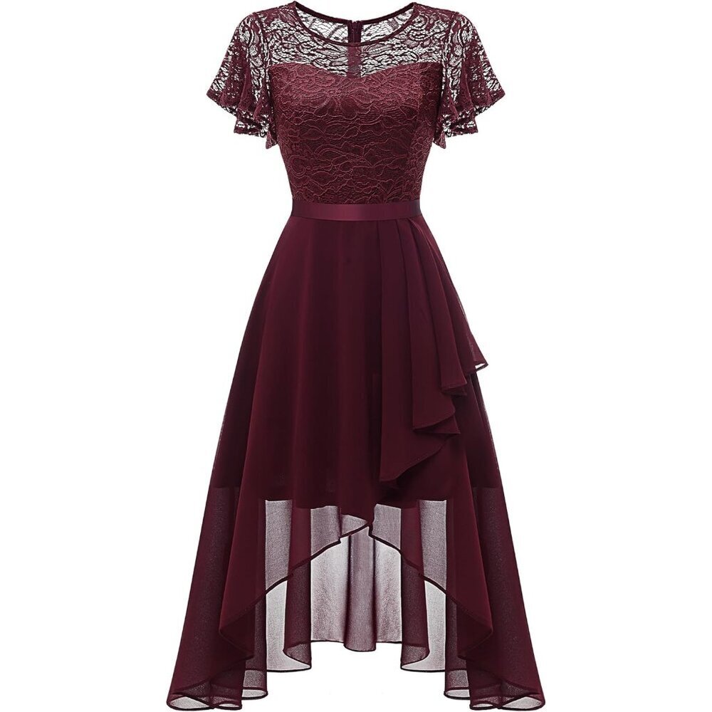 Women's Burgundy Flutter Sleeve Midi Dress Lace Chiffon Homecoming Formal